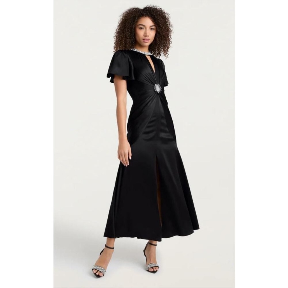 Cinq a Sept Sharma Midi Dress Silk Satin Twist Front Embellished Black
